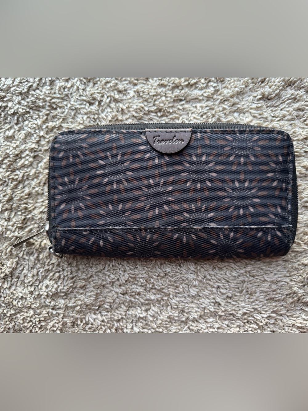 Travelon RFID Blocking Zip Around Wallet Brown Geometric Print Travel Organizer